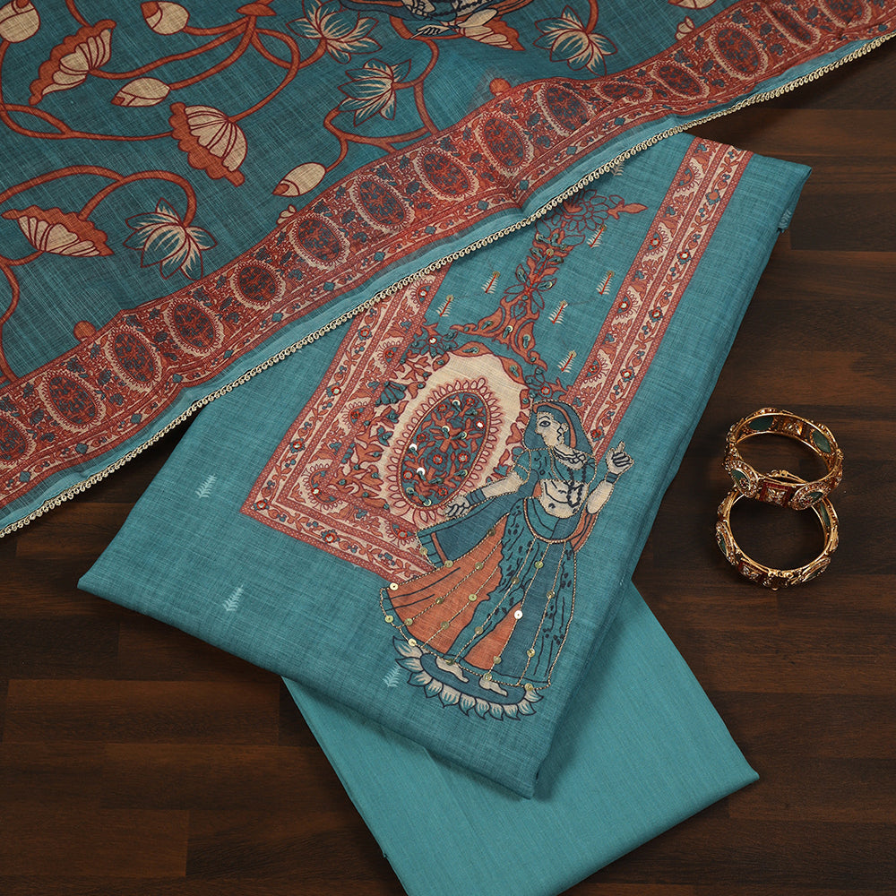 Linen Cotton Unstitched Suit with Hand-Worked Sequins Kasab Yoke