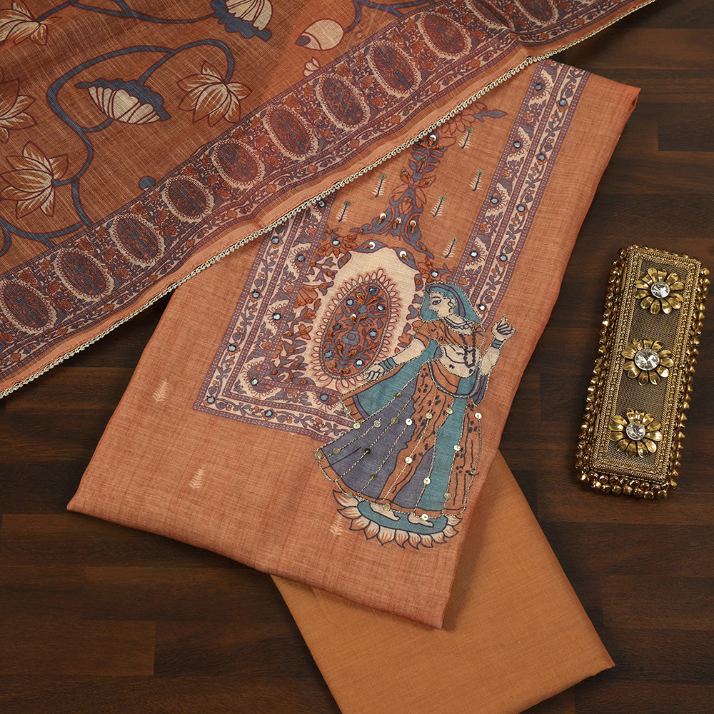 Linen Cotton Unstitched Suit with Hand-Worked Sequins Kasab Yoke