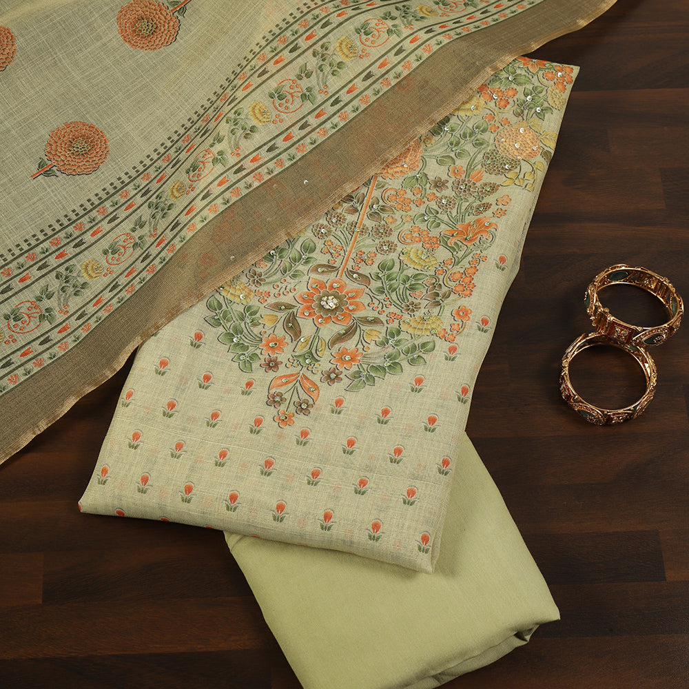 Linen Cotton Unstitched Suit With Sequins Note Work