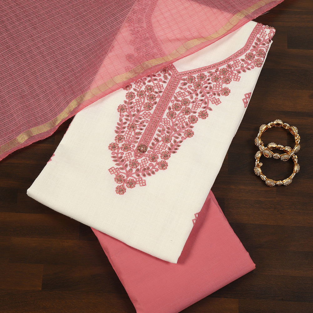 White Linen Cotton Unstitched Suit with Hand Embroidery