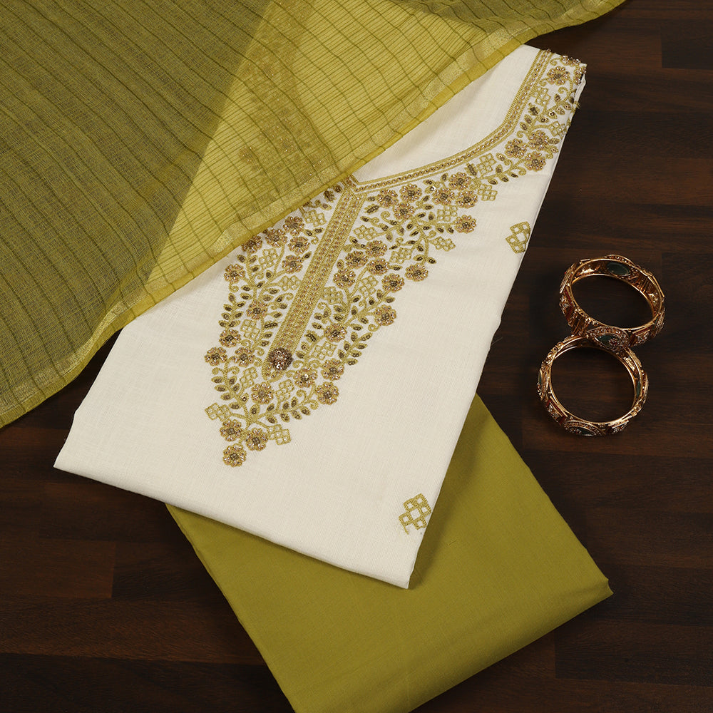 White Linen Cotton Unstitched Suit with Hand Embroidery