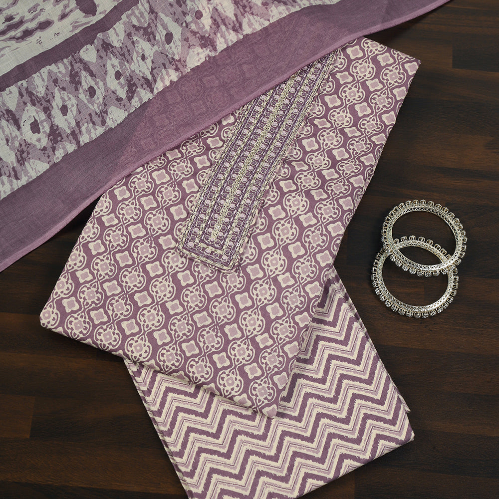 Printed Cotton Unstitched Suit with Stylish Neck Patch