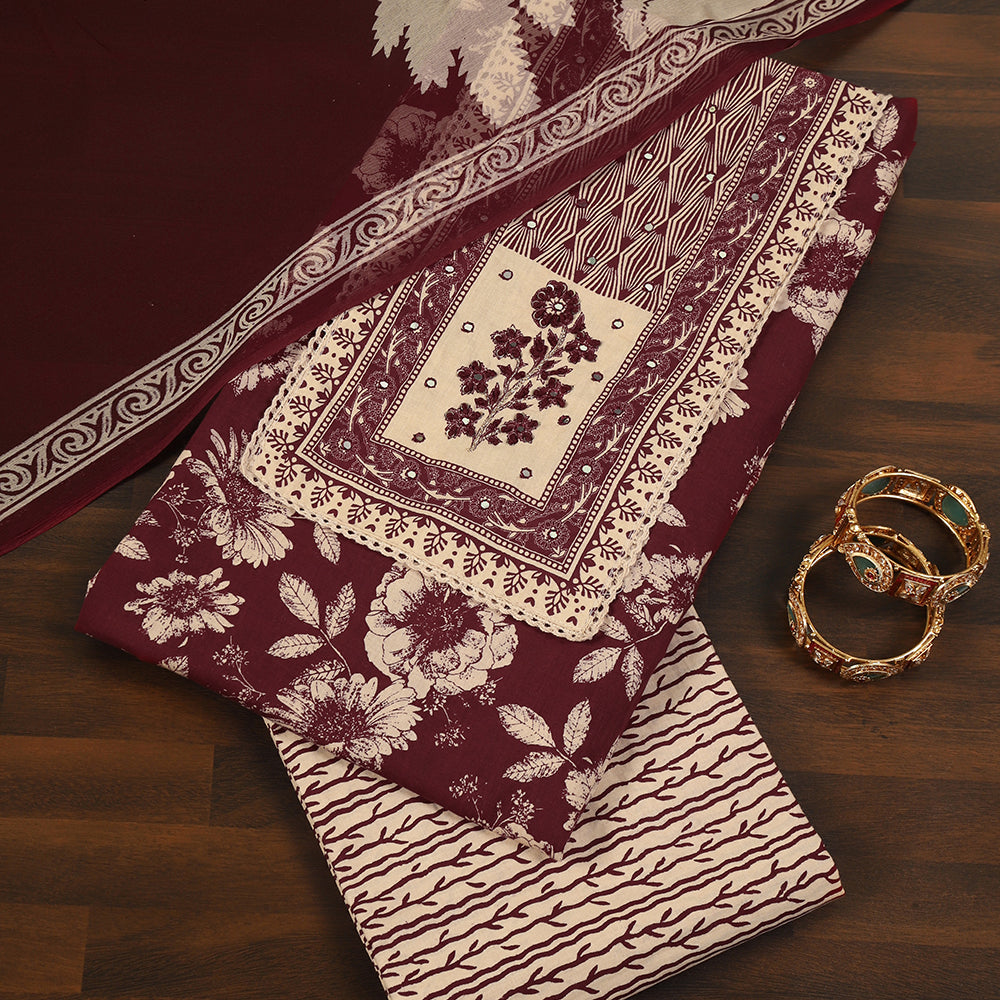 Printed Cotton Unstitched Suit with Neck Patch