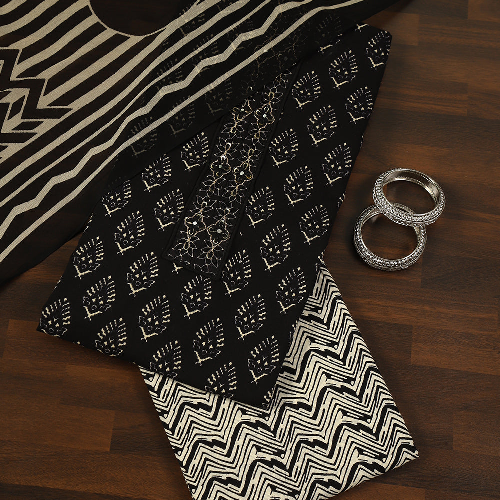 Printed Cotton Unstitched Suit with Stylish Neck Patch