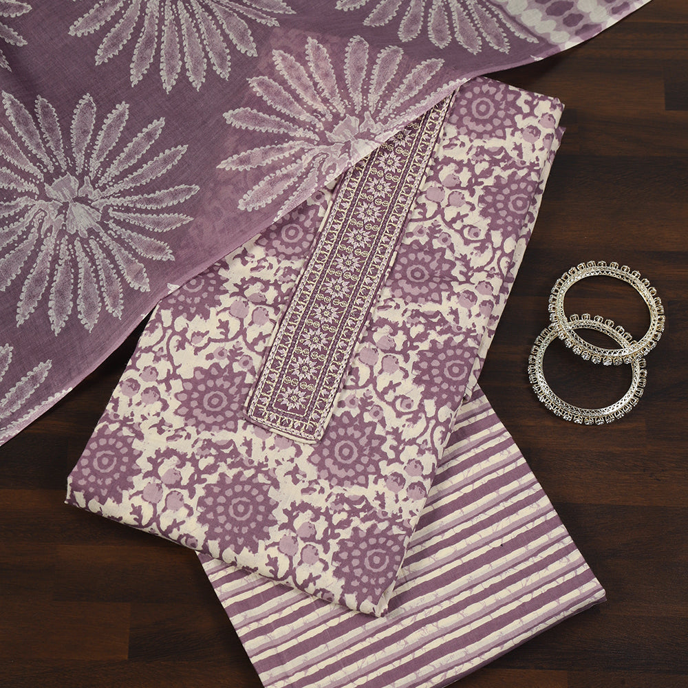 Printed Cotton Unstitched Suit with Stylish Neck Patch