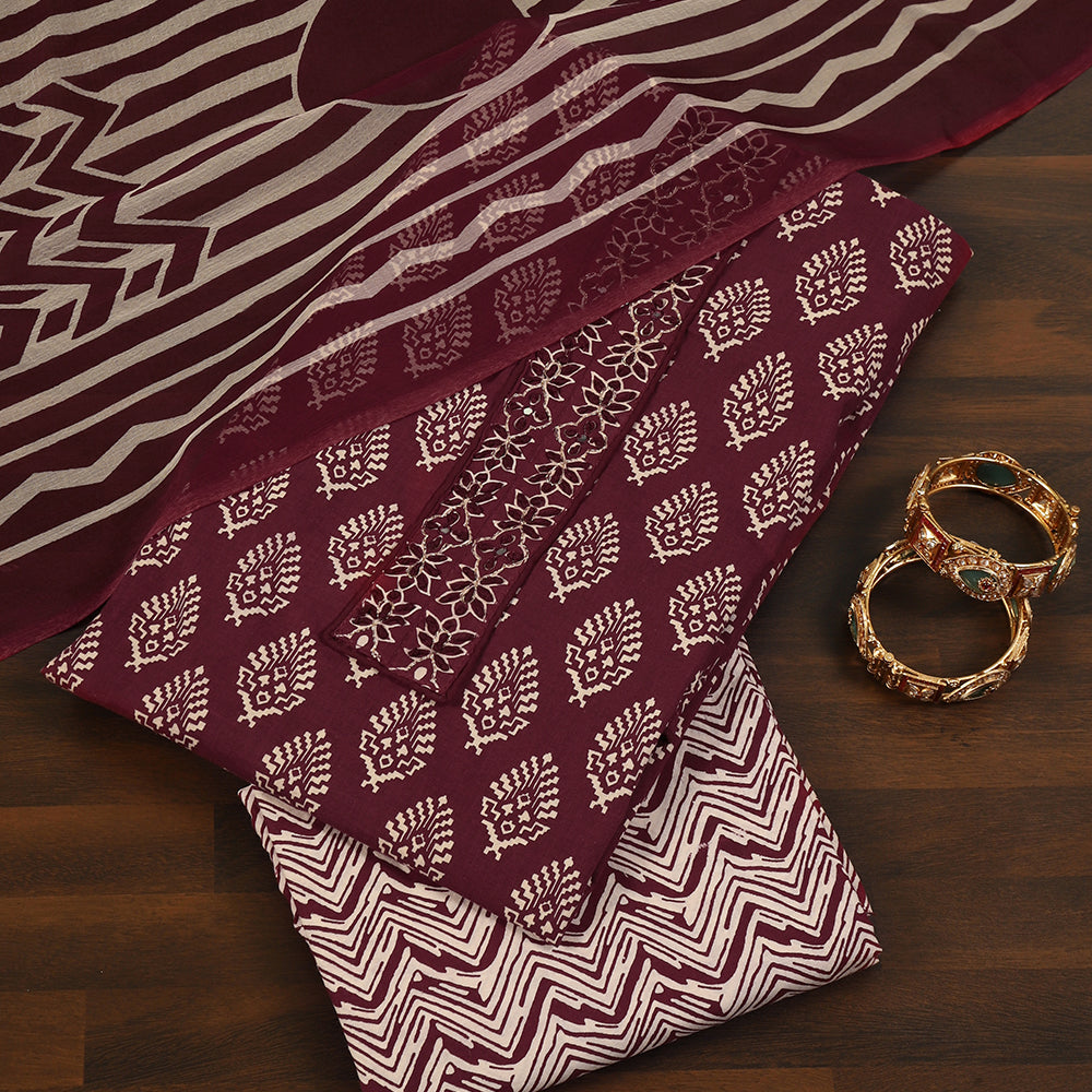 Printed Cotton Unstitched Suit with Stylish Neck Patch