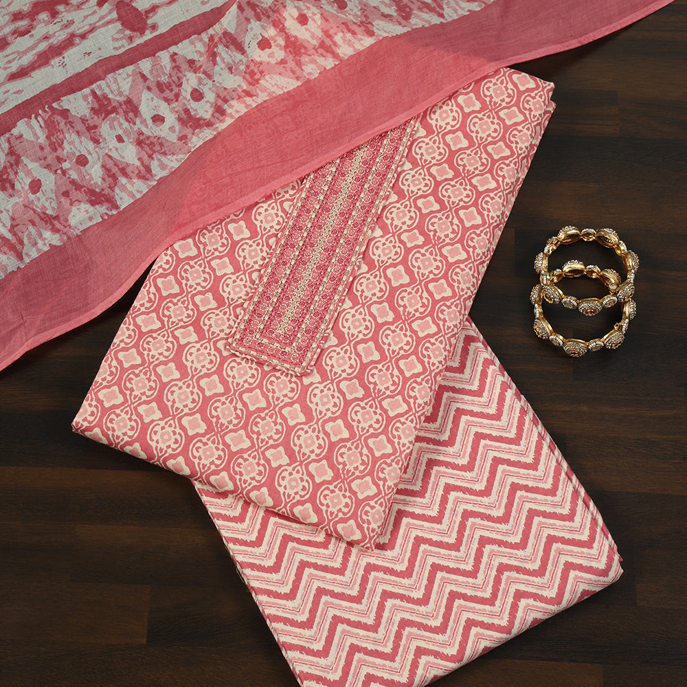 Printed Cotton Unstitched Suit with Stylish Neck Patch