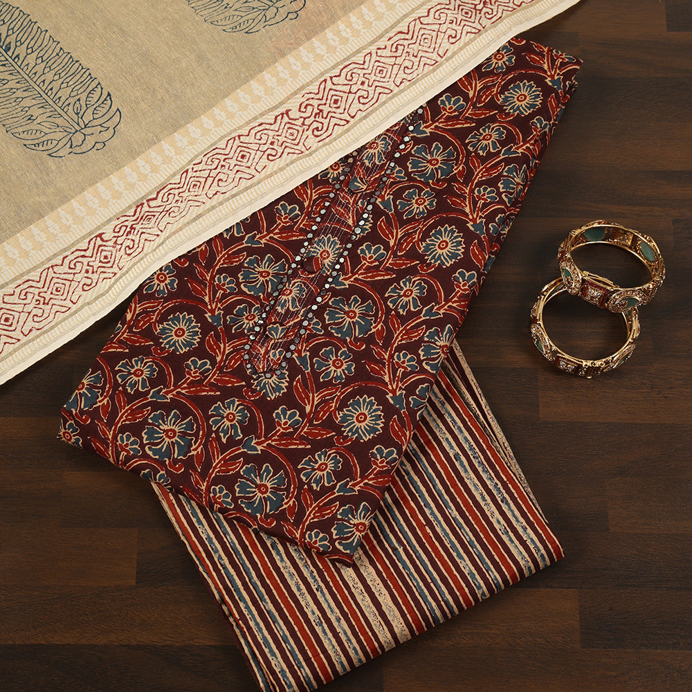 Ethnic Floral Print Cotton Suit Set with Foil Thread Embroidery & Printed Dupatta