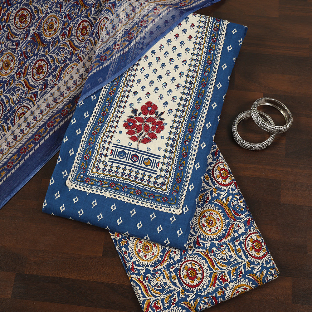 Unstitched Suit with Intricate Thread Neck Patch & Printed Chiffon Dupatta