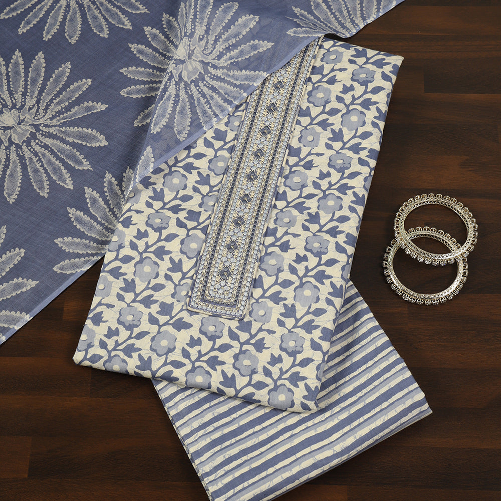 Printed Cotton Unstitched Suit with Stylish Neck Patch