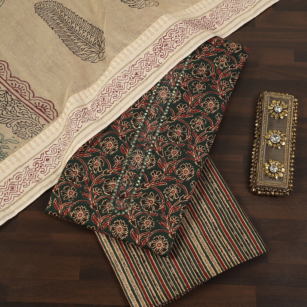 Ethnic Floral Print Cotton Suit Set with Foil Thread Embroidery & Printed Dupatta