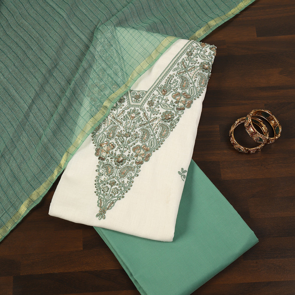 White Linen Cotton Unstitched Suit with Hand Embroidery