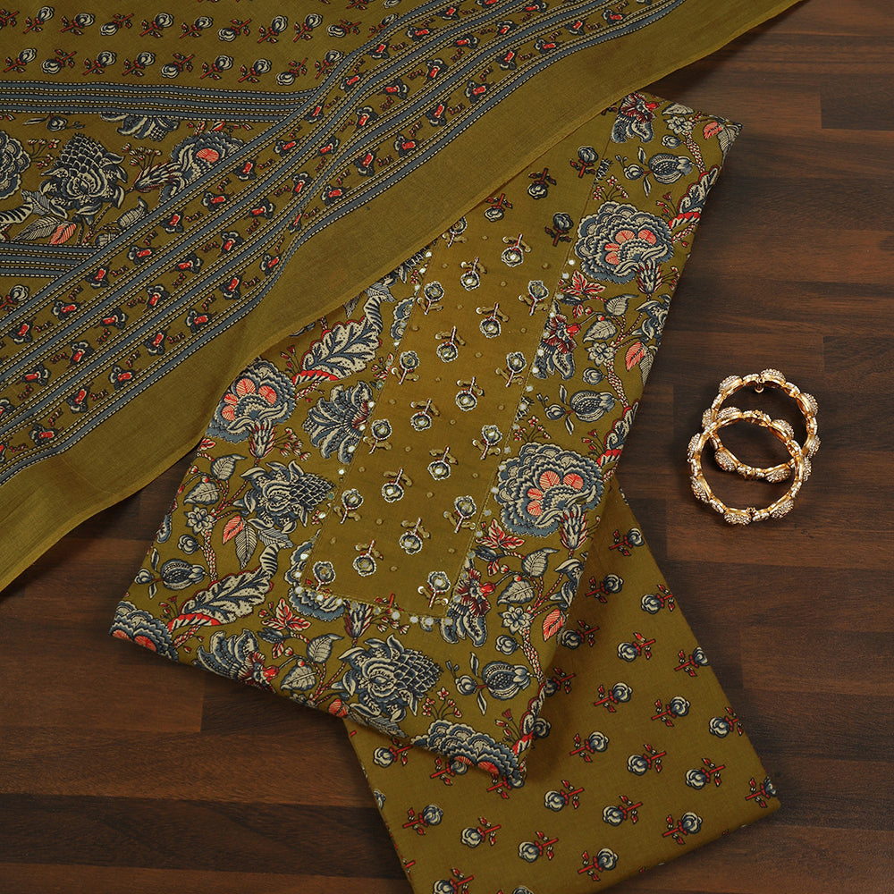 Printed Cotton Unstitched Suit with Mirror & Thread Work