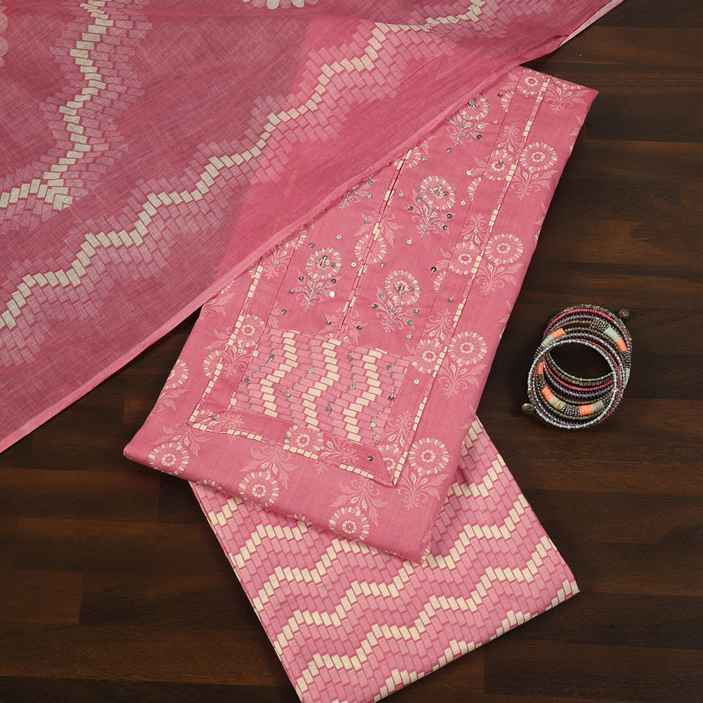 Floral Print Cotton Unstitched Suit with Zari & Sequin Work