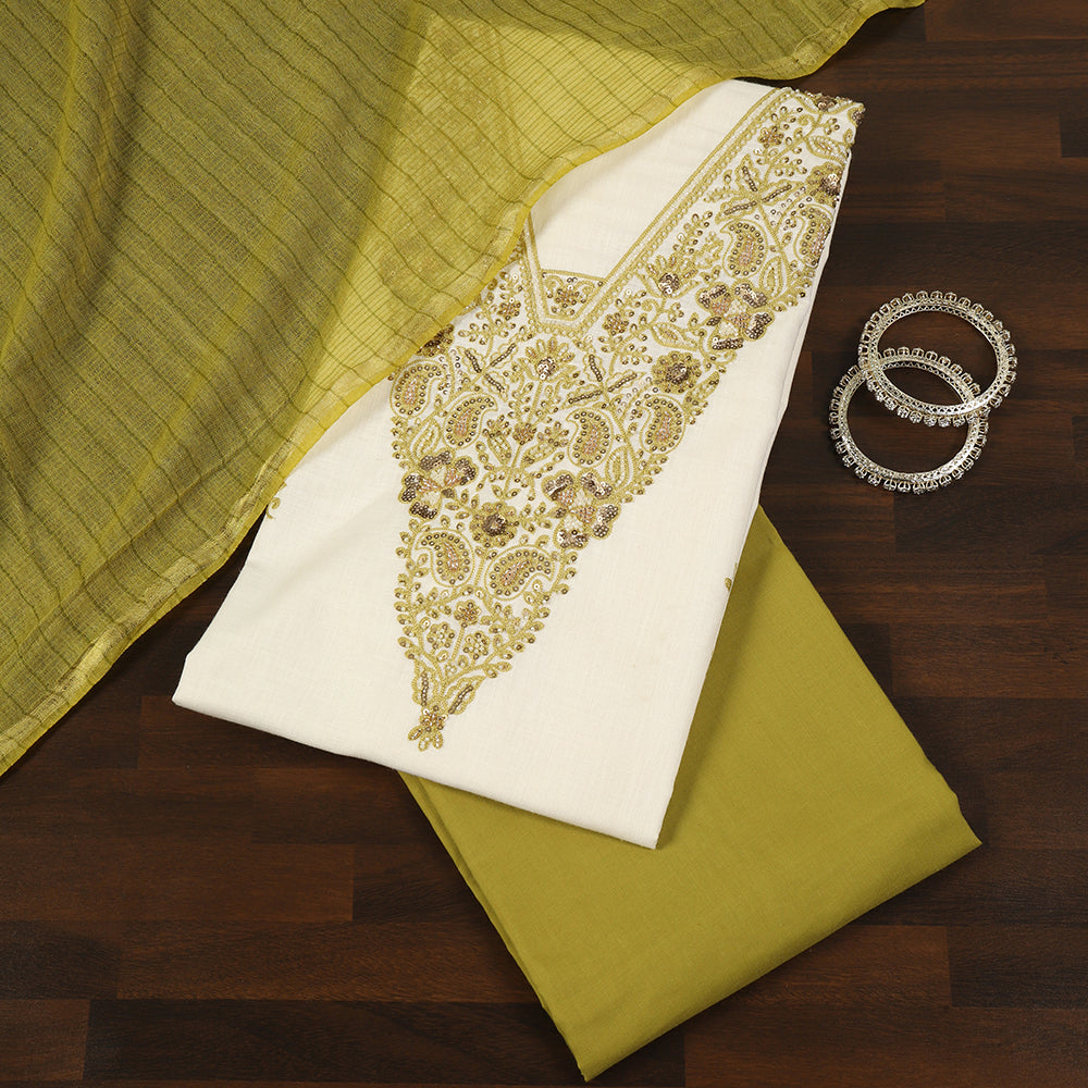 White Linen Cotton Unstitched Suit with Hand Embroidery