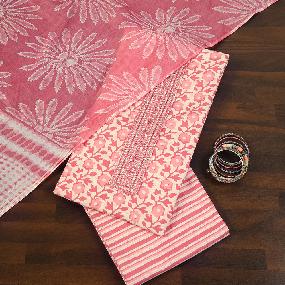 Printed Cotton Unstitched Suit with Stylish Neck Patch