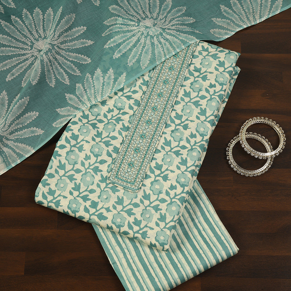 Printed Cotton Unstitched Suit with Stylish Neck Patch