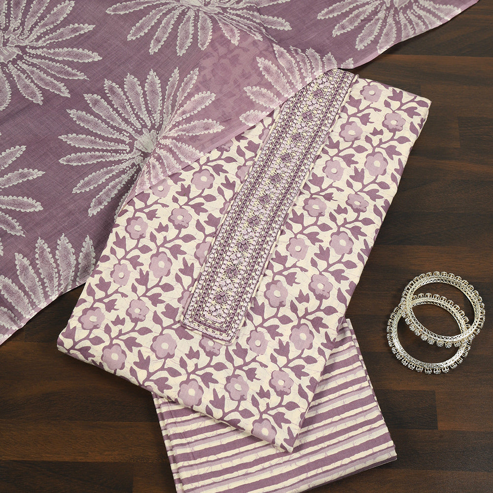 Printed Cotton Unstitched Suit with Stylish Neck Patch