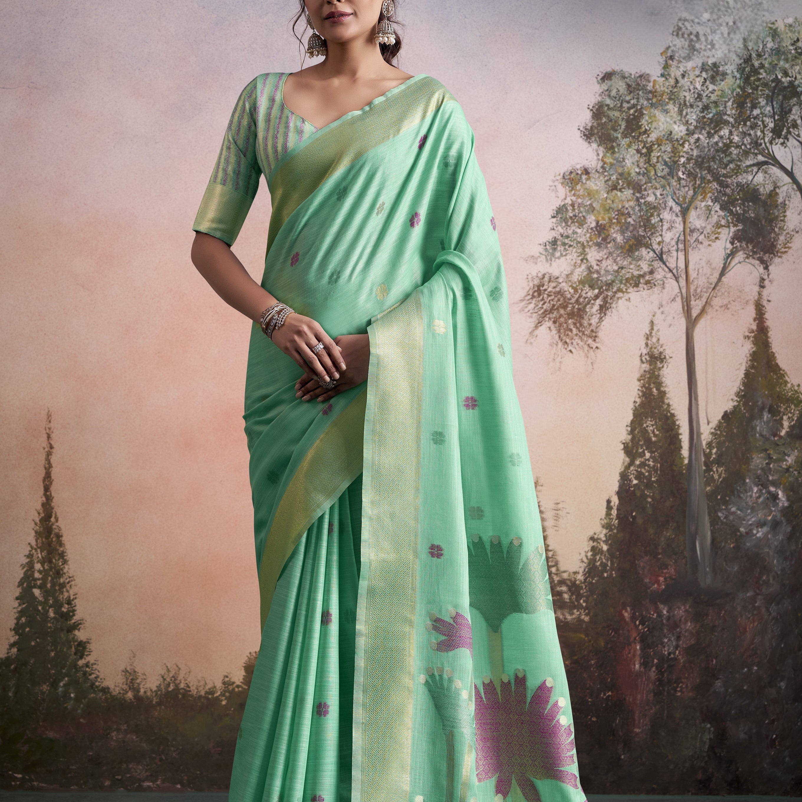Modern Muse Minimalist Floral Linen Silk Saree