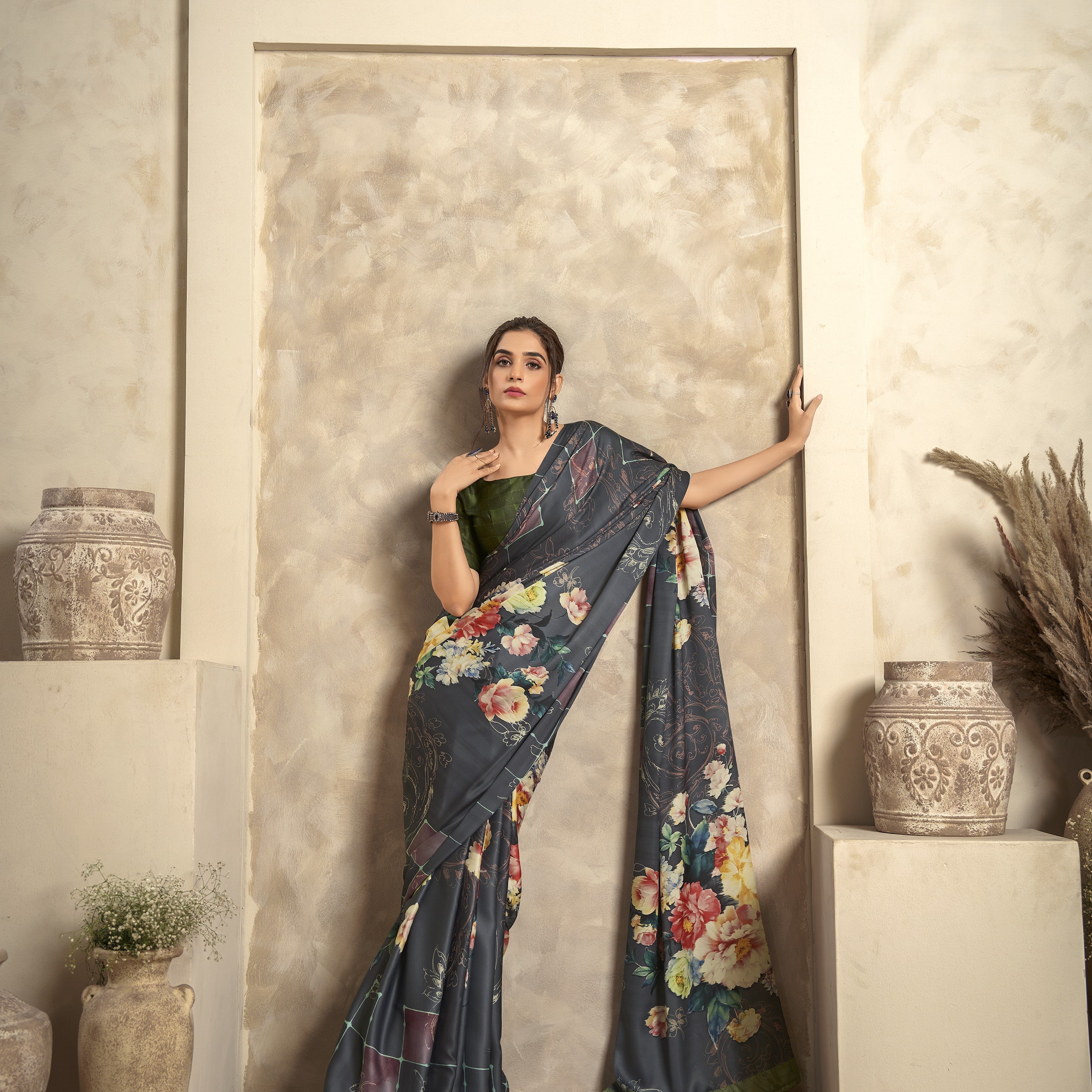 Multi Printed Satin Crepe Saree