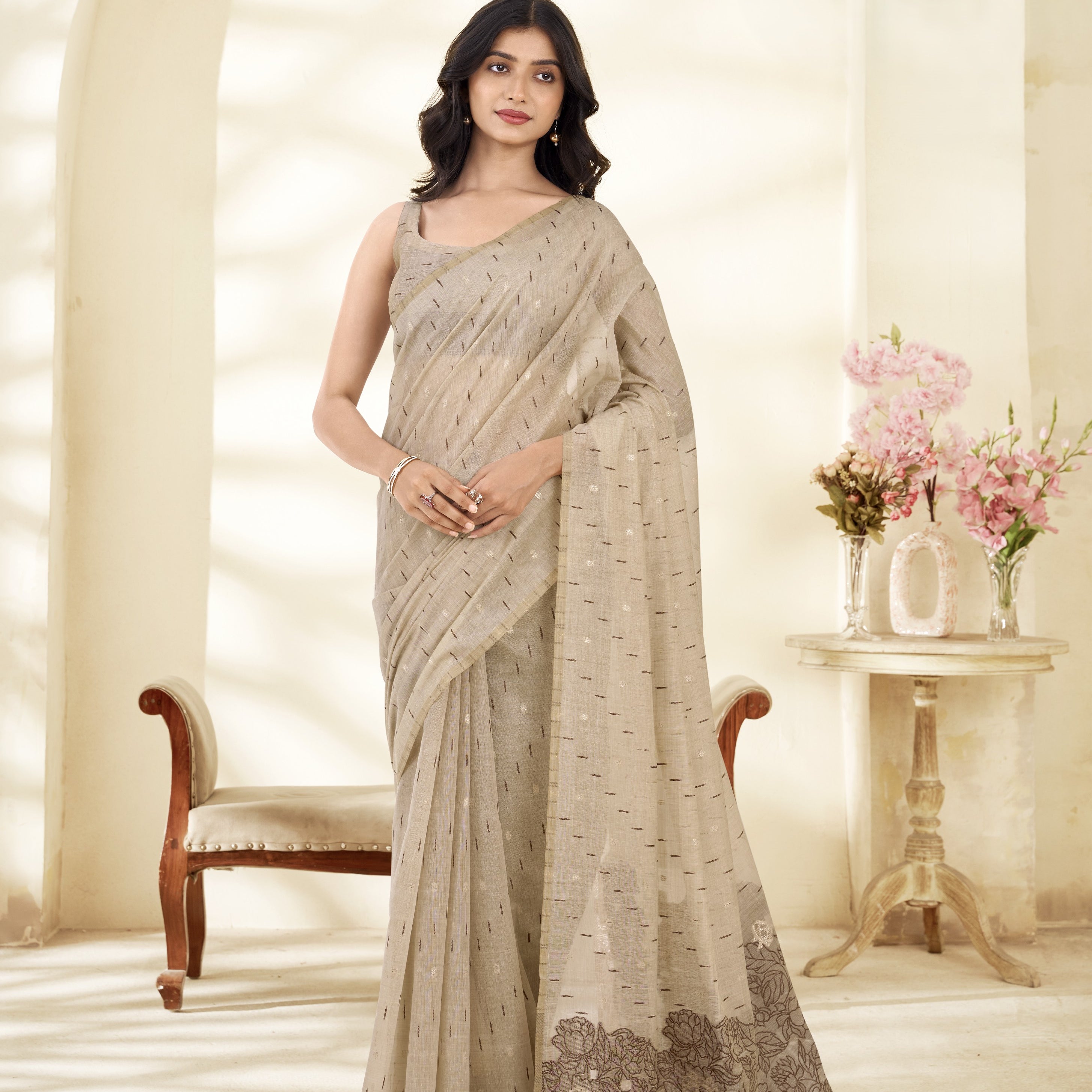 Cotton Saree with Florals Woven Border