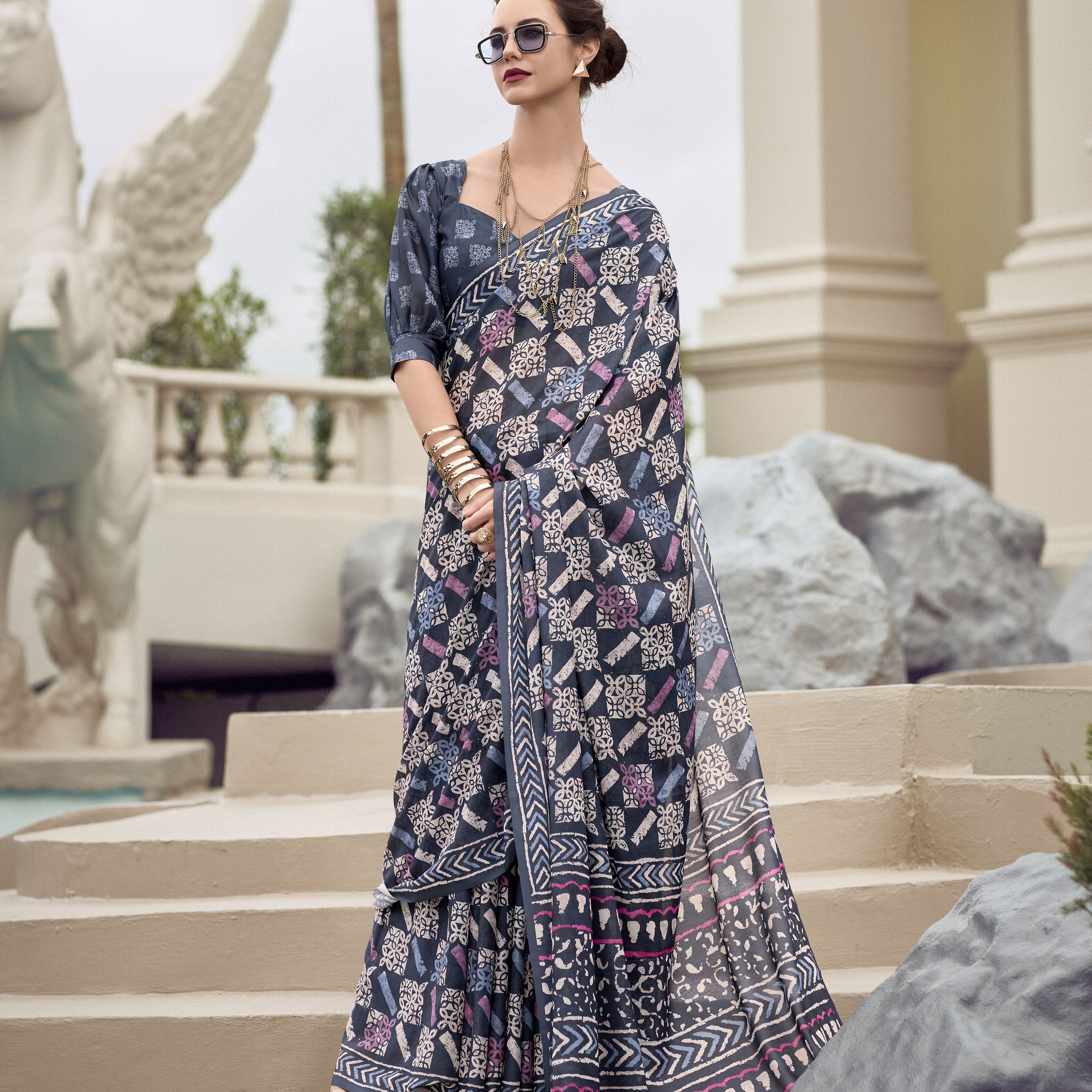 Multi Printed Satin Crepe Saree