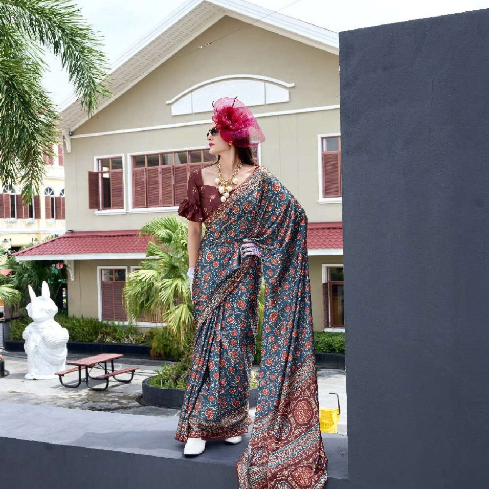 Multi Printed Satin Crepe Saree