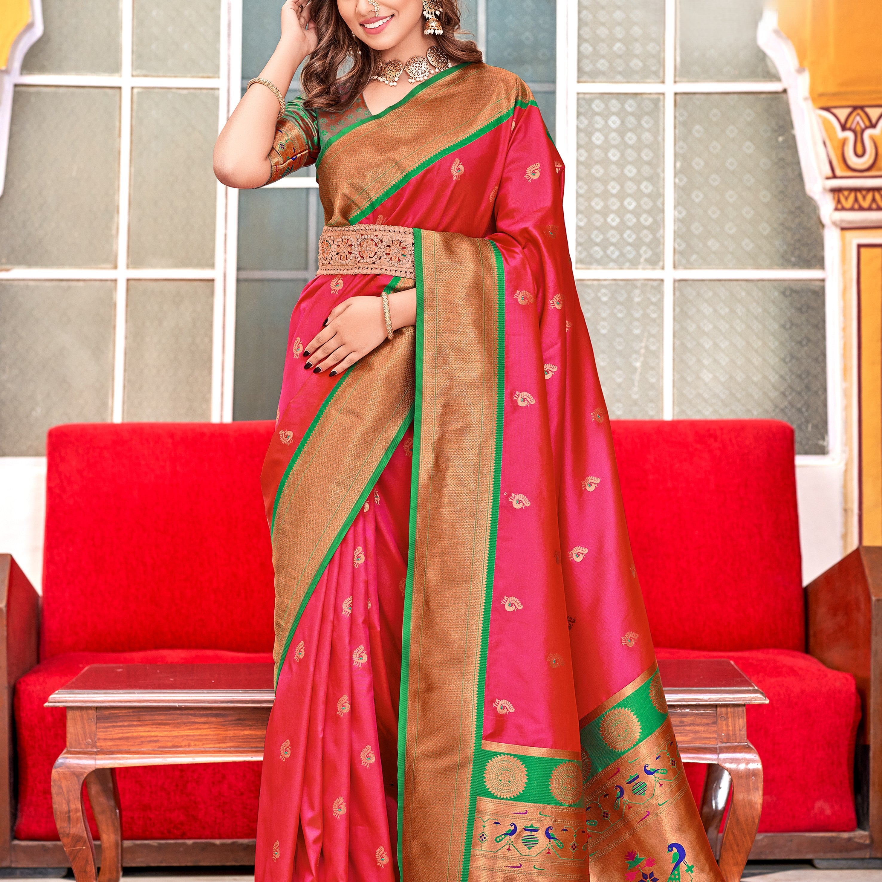 Silk Saree With Motifs pallu And Gold Zari Border