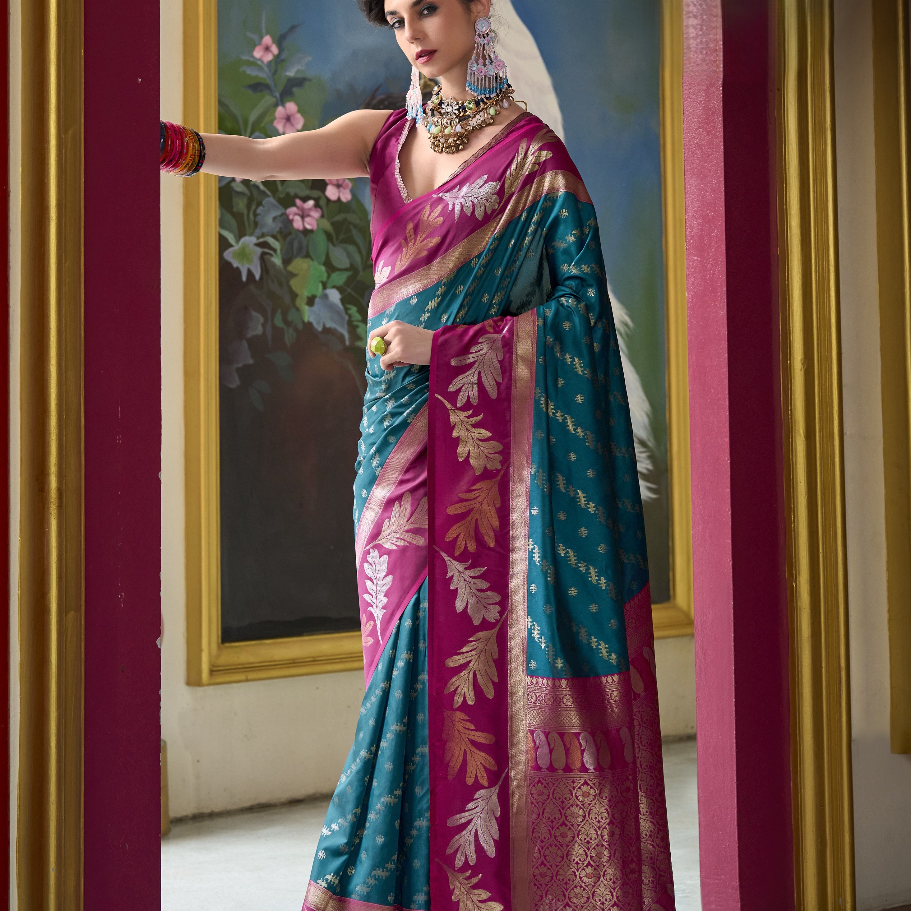 Banarasi Silk Saree With Leaf Motif Zari Border