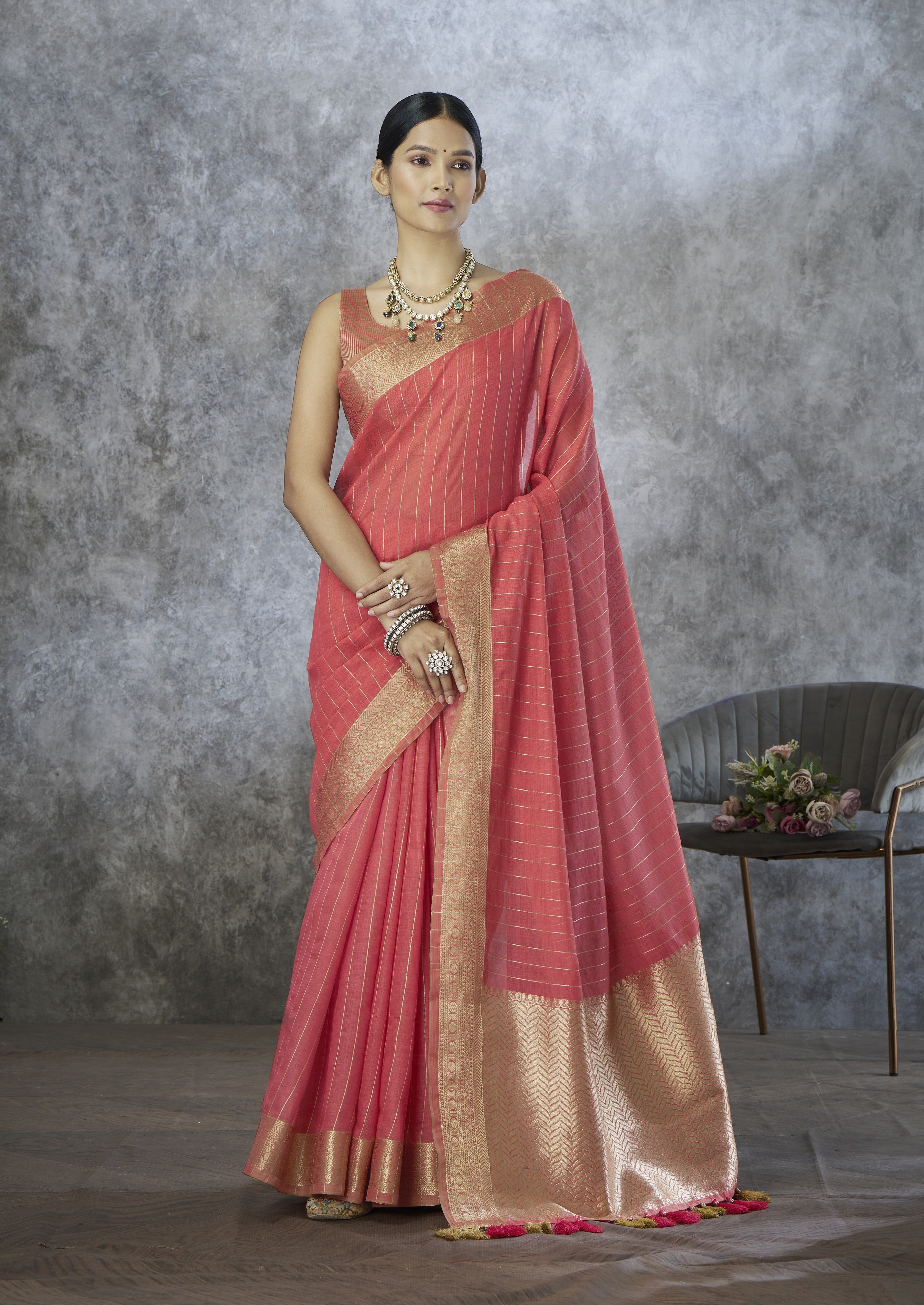 Silk Blend Saree with Gold Zari Border