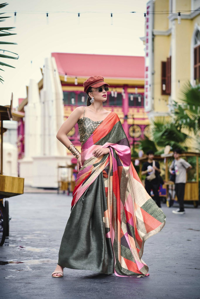 Multi Printed Satin Crepe Saree