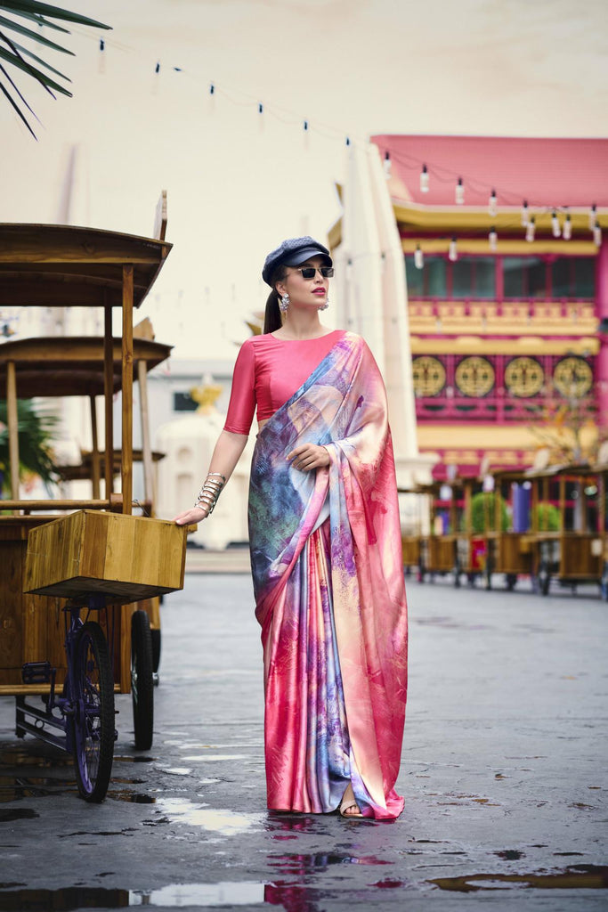 Multi Printed Satin Crepe Saree
