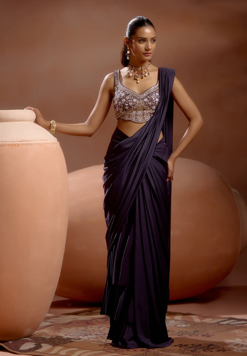 Purple Pre-draped Crepe Saree