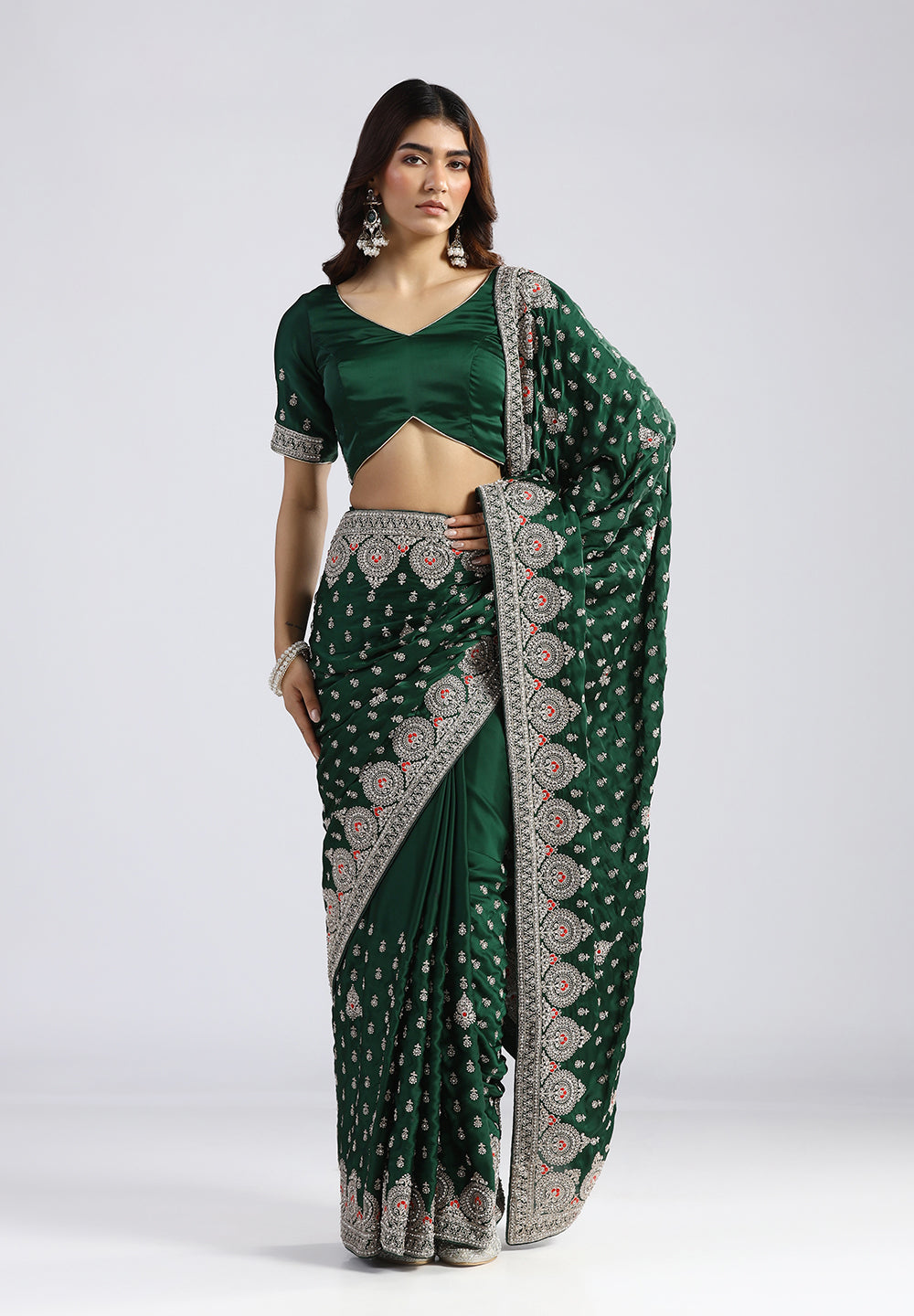 Hand-Embroidered  Crepe Saree in Forest Green