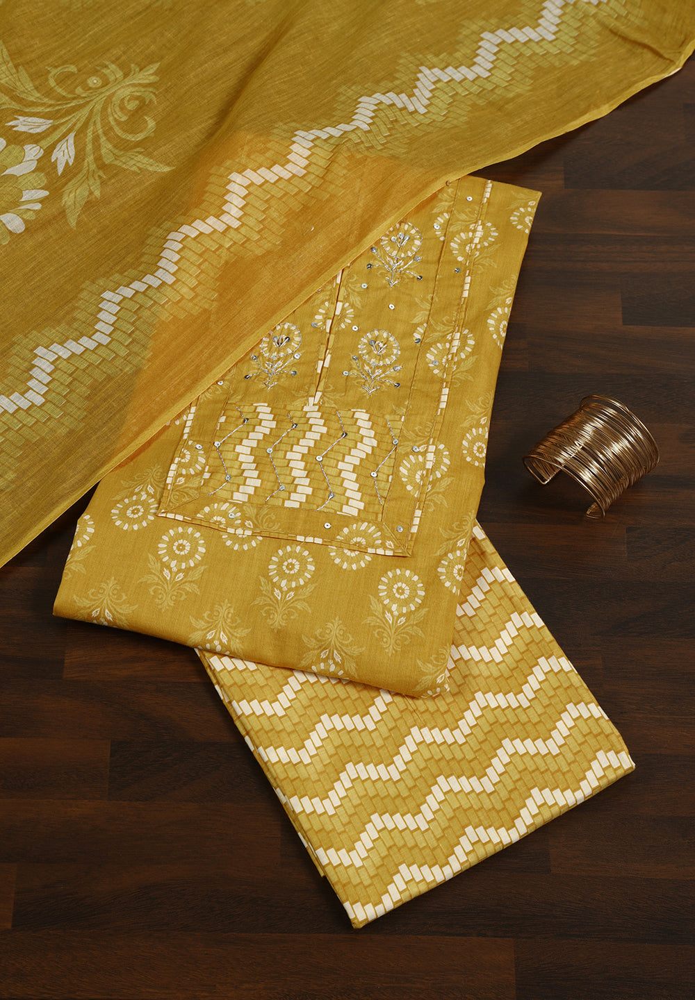 Floral Print Cotton Unstitched Suit with Zari & Sequin Work