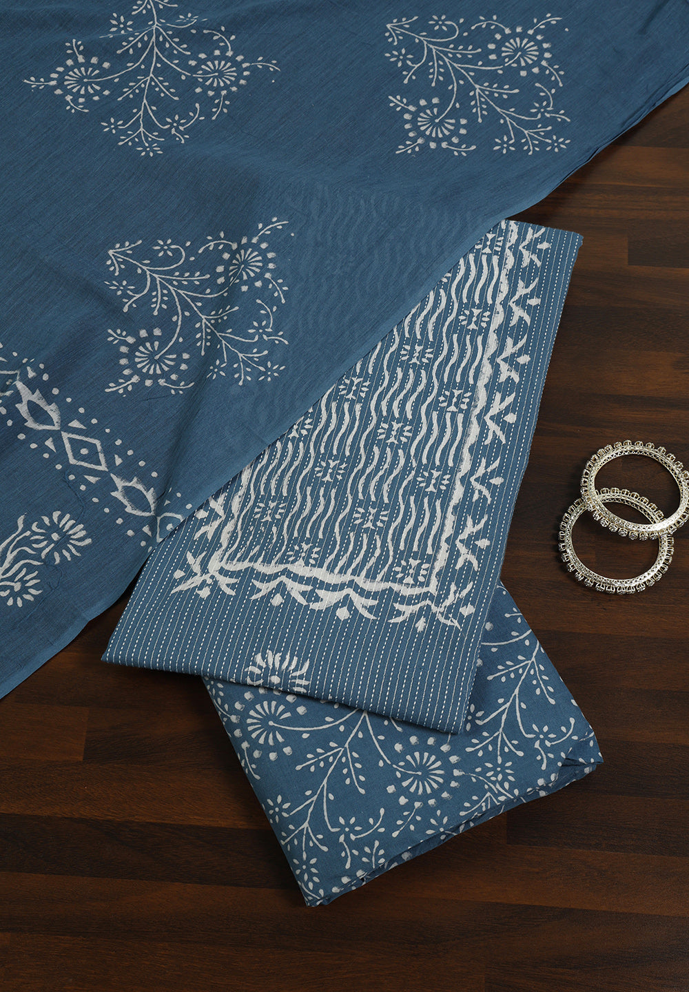 Serene Blue Floral Printed Cotton Unstitched Suit