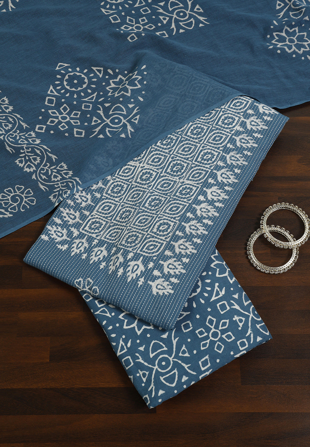 Serene Blue Floral Printed Cotton Unstitched Suit