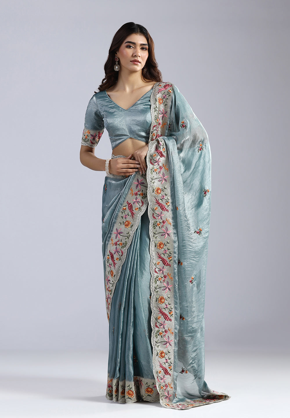 The Serene Sage Hand-Embroidered Organza Saree with Scalloped Zari Detail