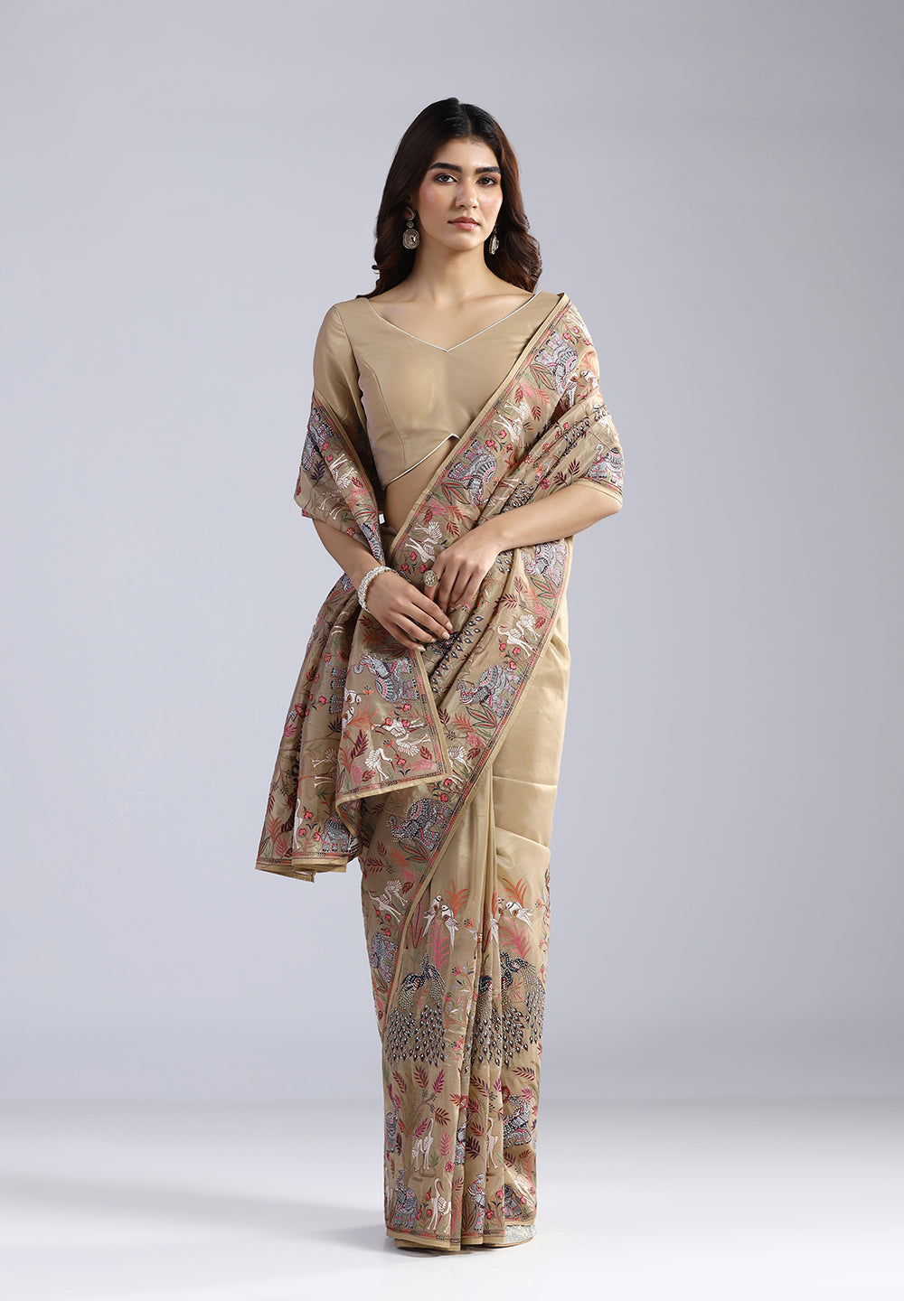 The Enchanted Forest Hand-Embroidered  Tissue Silk Saree with Animal & Bird Motifs
