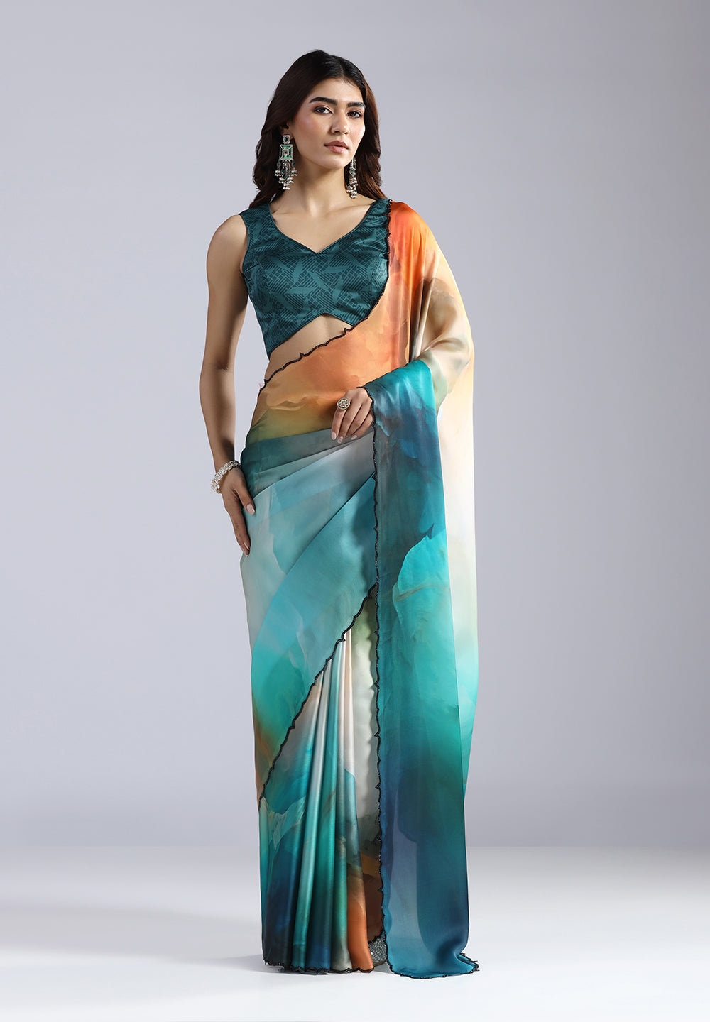 Crepe Saree with Black Swarovski Work and Scalloped Cutwork Border