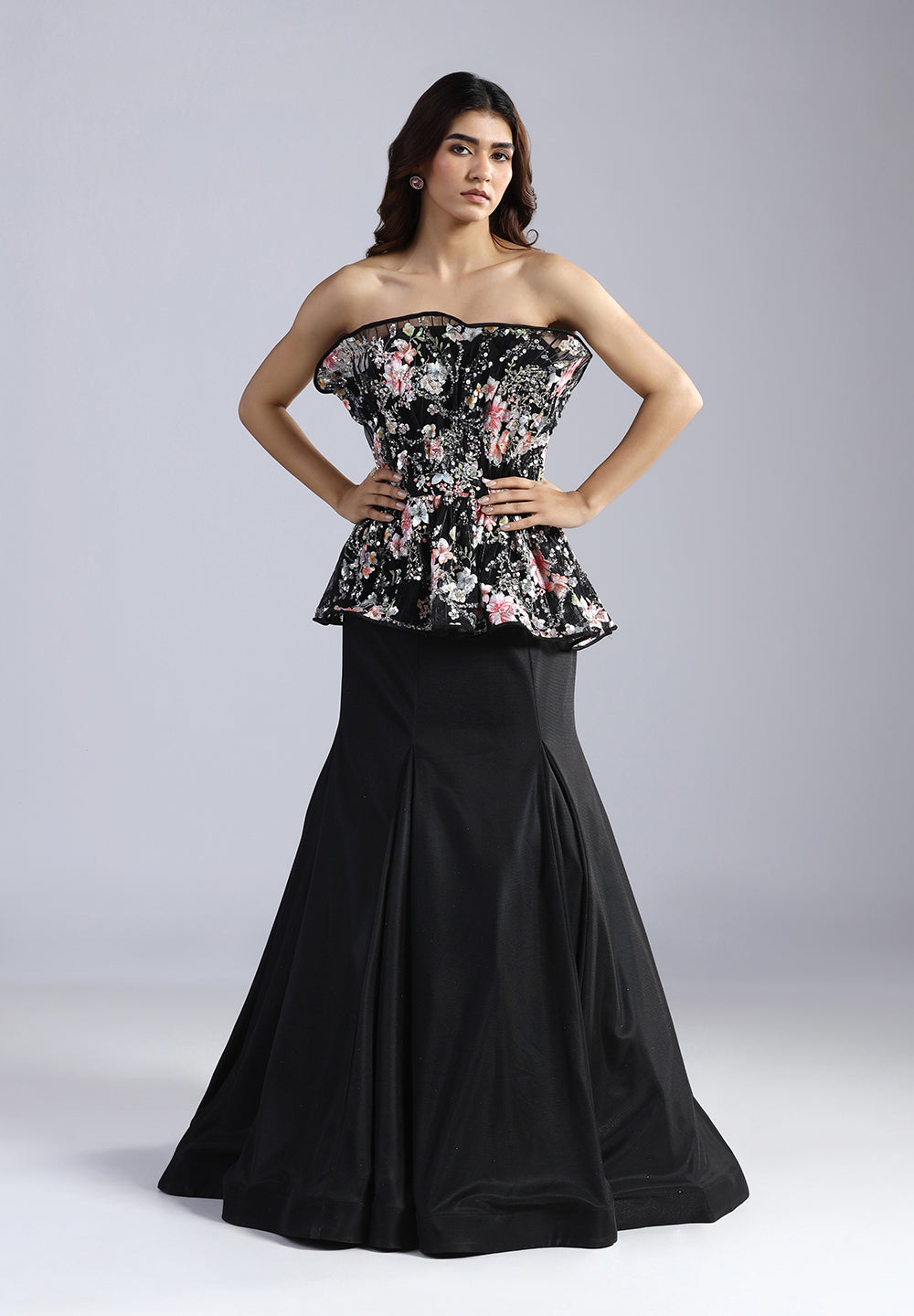 Floral Sequin Peplum Gown with Flared Mermaid Skirt