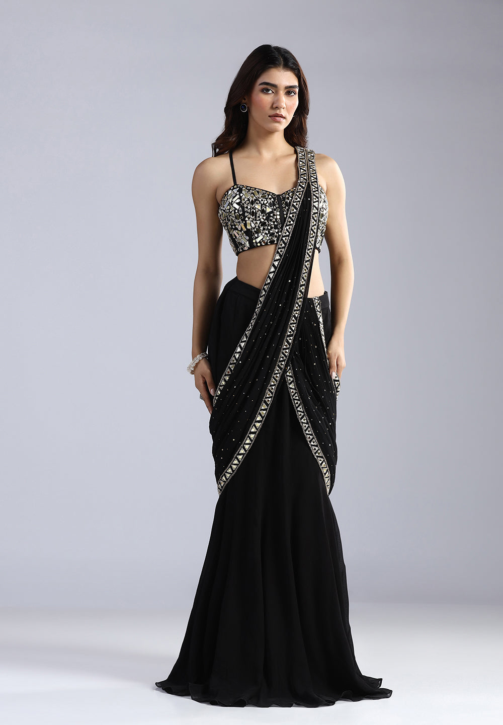 Electric Petal Pre-Stitched Georgette Saree & Embellished Corset Set
