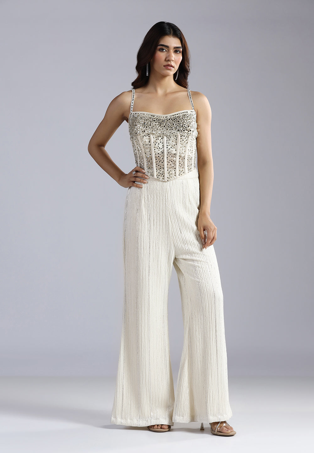 Ivory Glitz Crystal-Ribbed Corset & Vertical Shimmer Flare Set