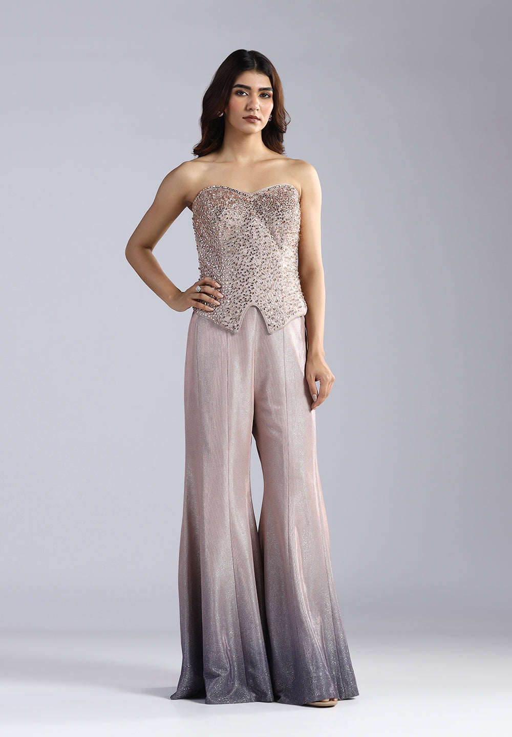 Hand-Beaded Corset & Ombré Shimmer Flared Trousers
