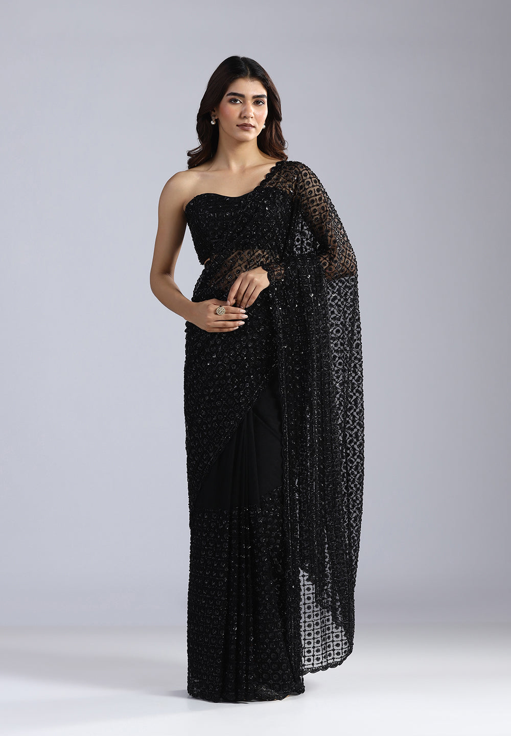 Stunning Midnight Black Net Saree with Intricate Sequin & Moti Lattice Work