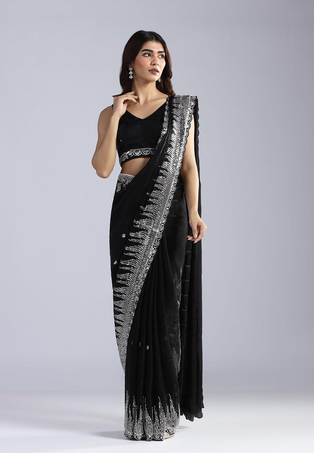 Glamorous Midnight Black Organza Saree with Intricate Sequin & Bead Artistry