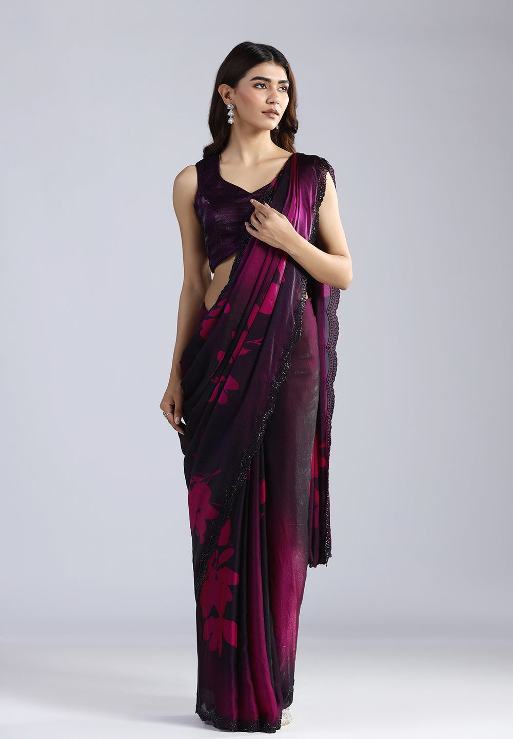 Organza Saree with Black Swarovski Work and Scalloped Cutwork Border