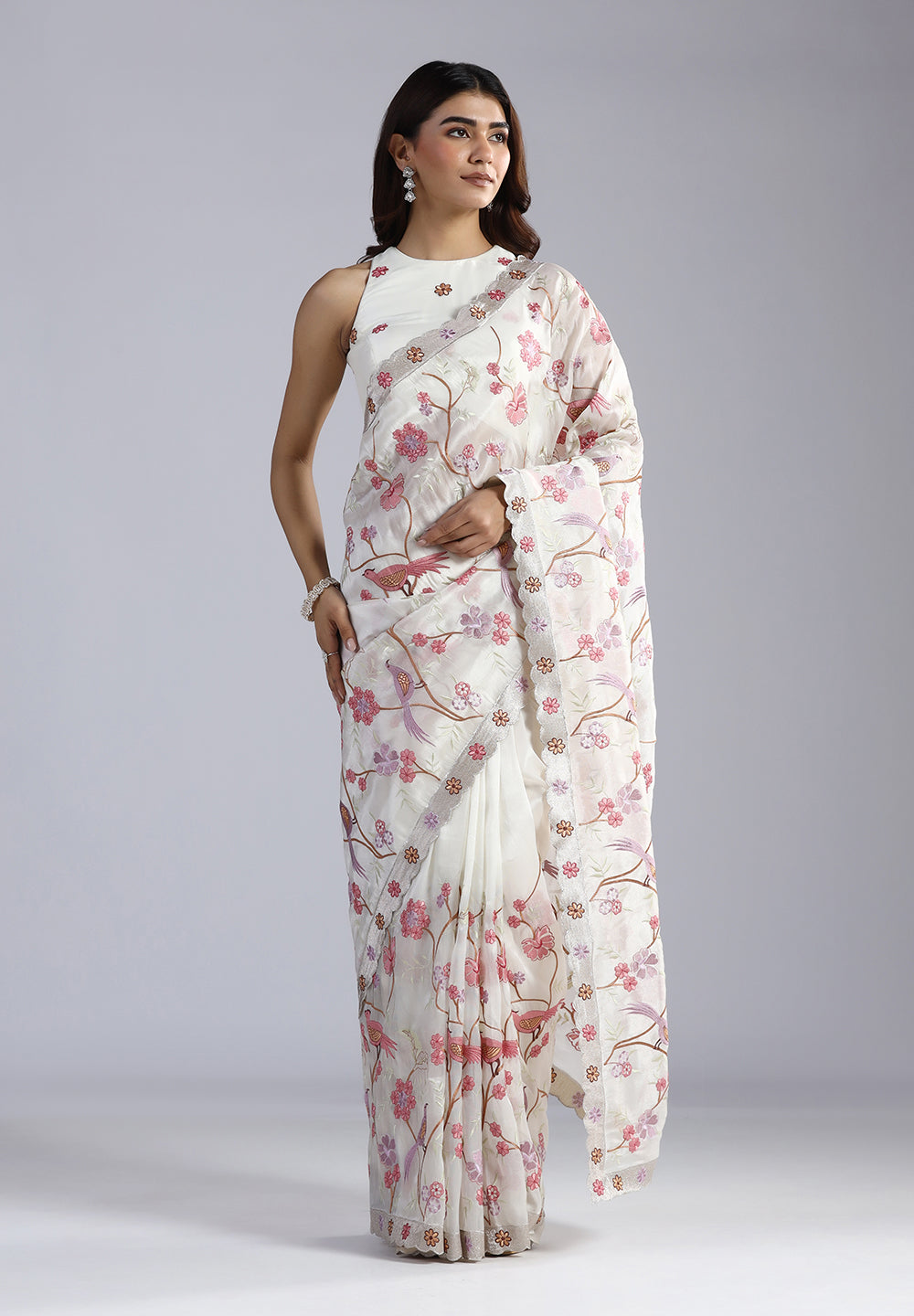 Tissue Net Saree with Artistic Threadwork Figures & Scalloped Cut-Work Border