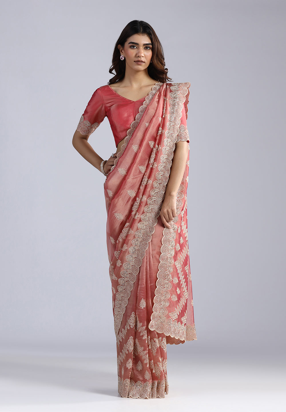 Exquisite Shimmer Organza Saree with Intricate Threadwork & Swarovski Accents