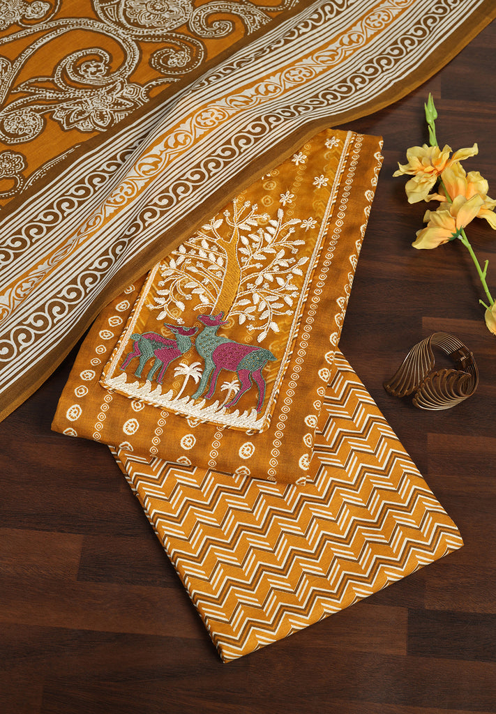 Classic Cotton Unstitched Suit with Stylish Neck Patch Accent